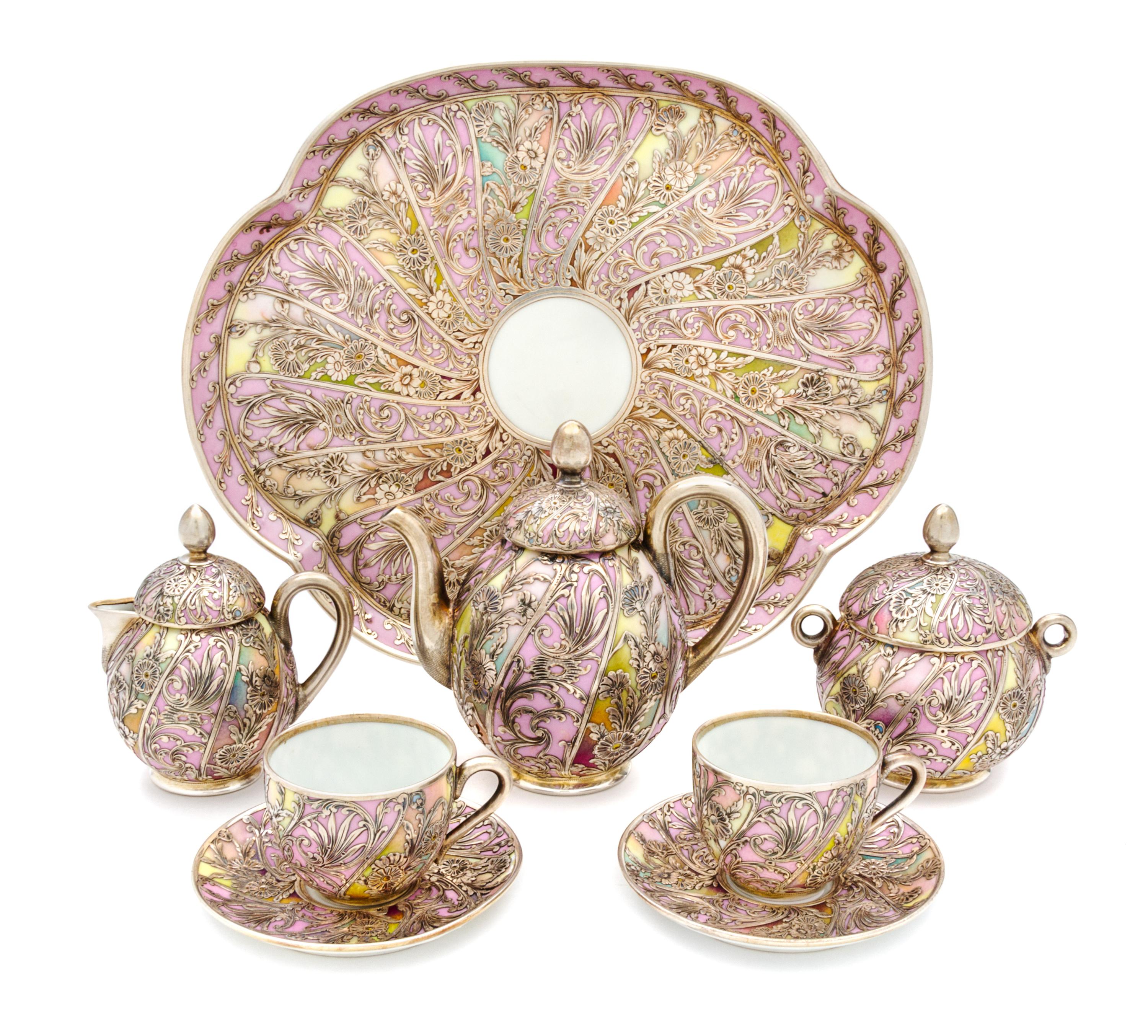 A Martial Redon Limoges Silver Overlay Porcelain Tete a Tete Width of tray 11 1/4 inches.