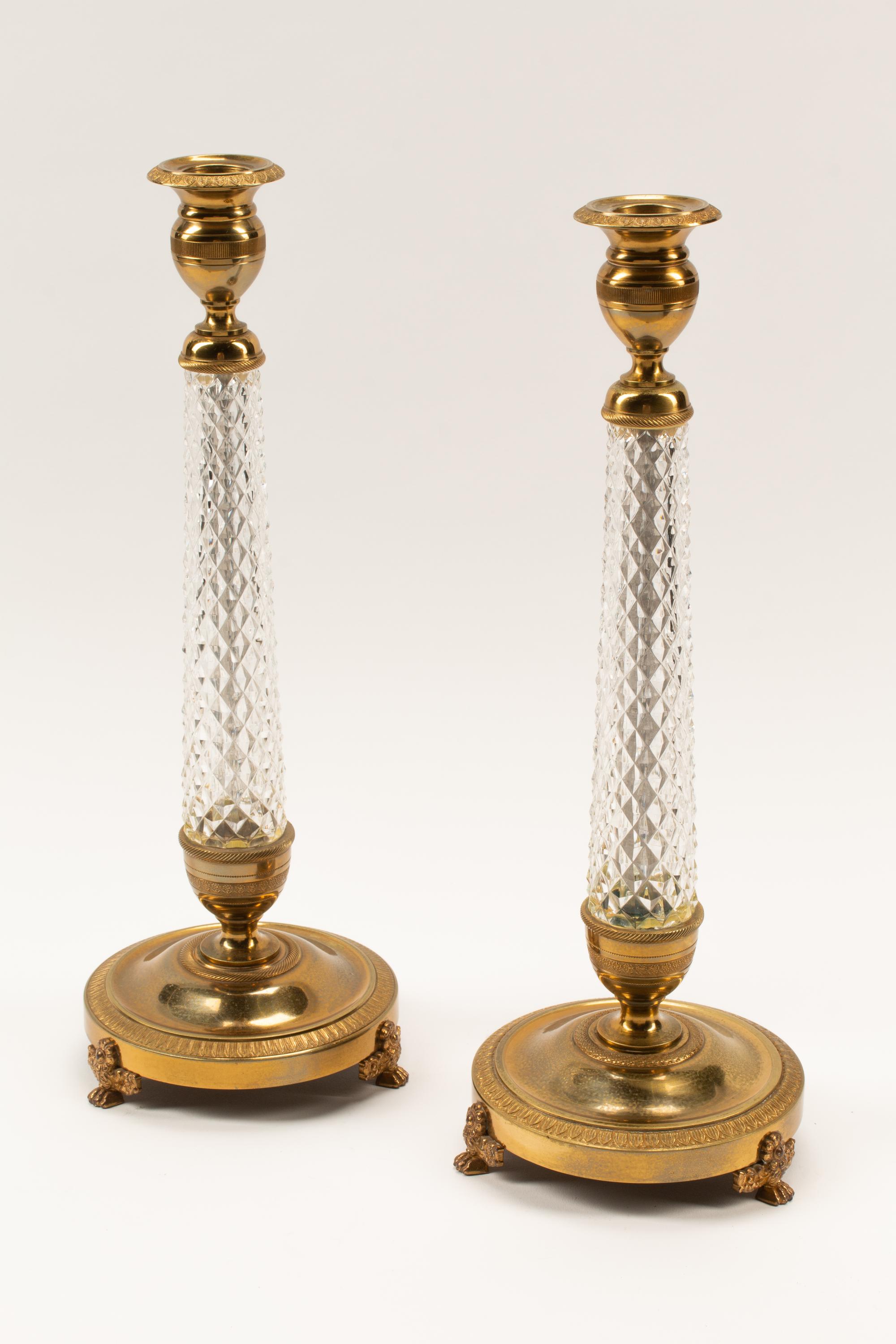 A Pair of Charles X Style Gilt Bronze and Cut Glass Candlesticks