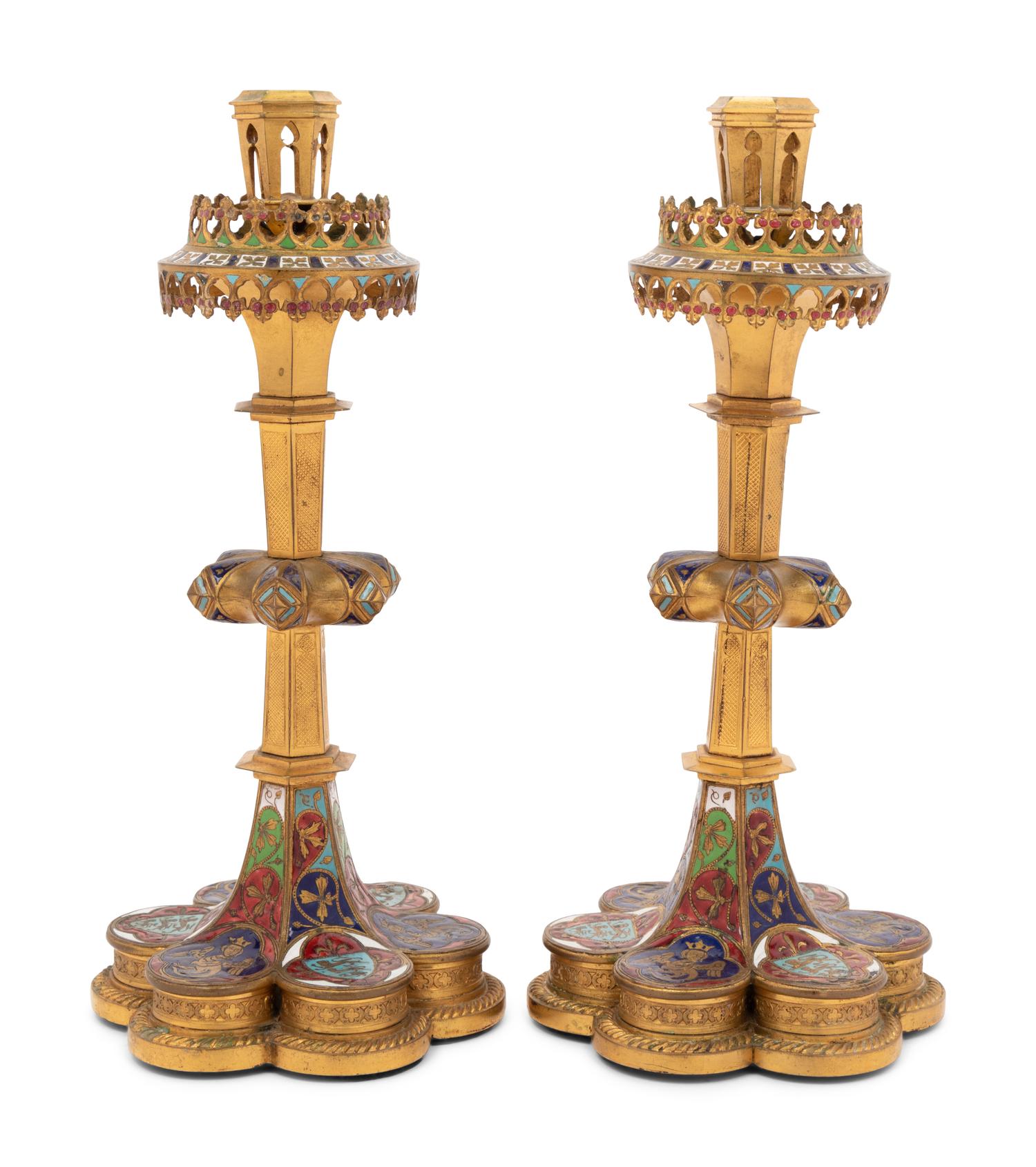 A Pair of Continental Enameled Gilt Bronze Candlesticks