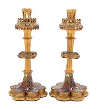 A Pair of Continental Enameled Gilt Bronze Candlesticks