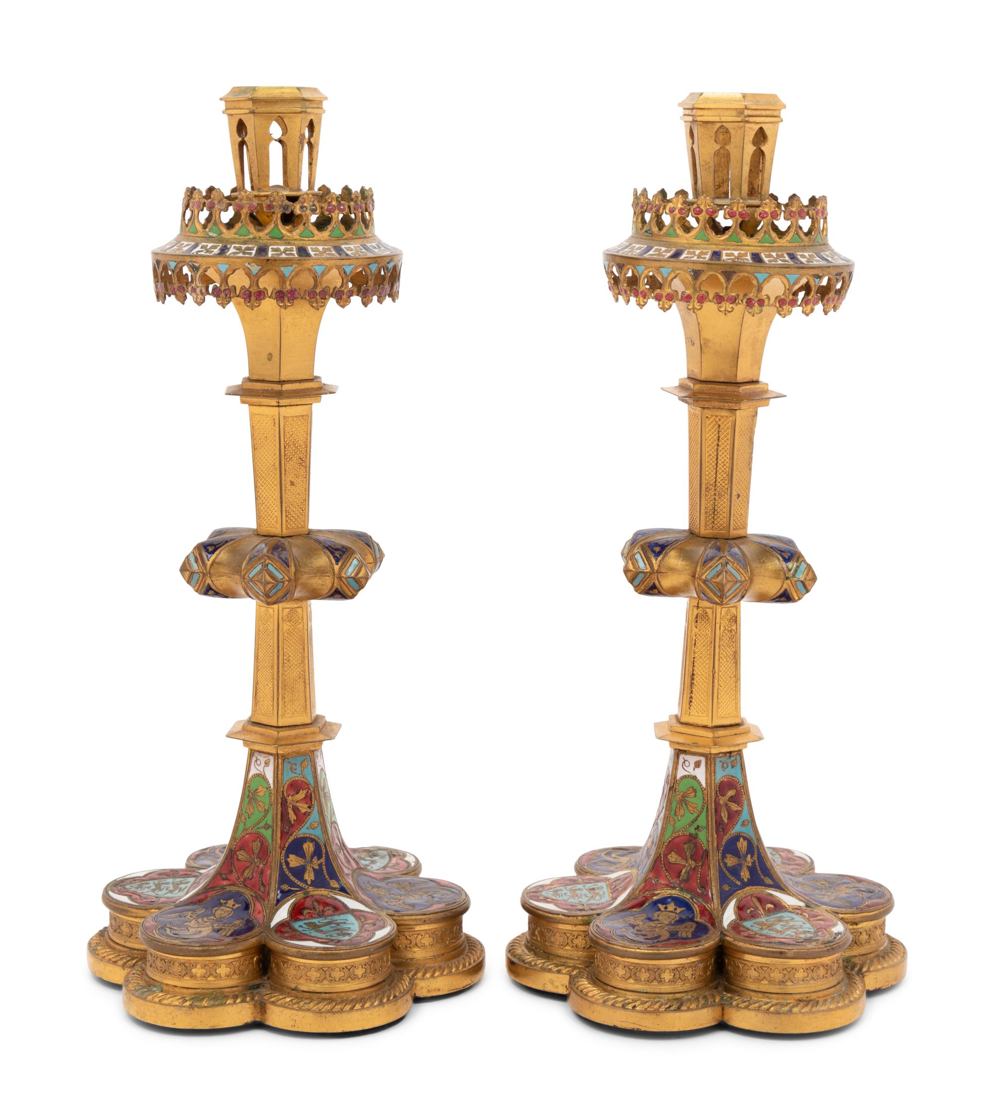 A Pair of Continental Enameled Gilt Bronze Candlesticks