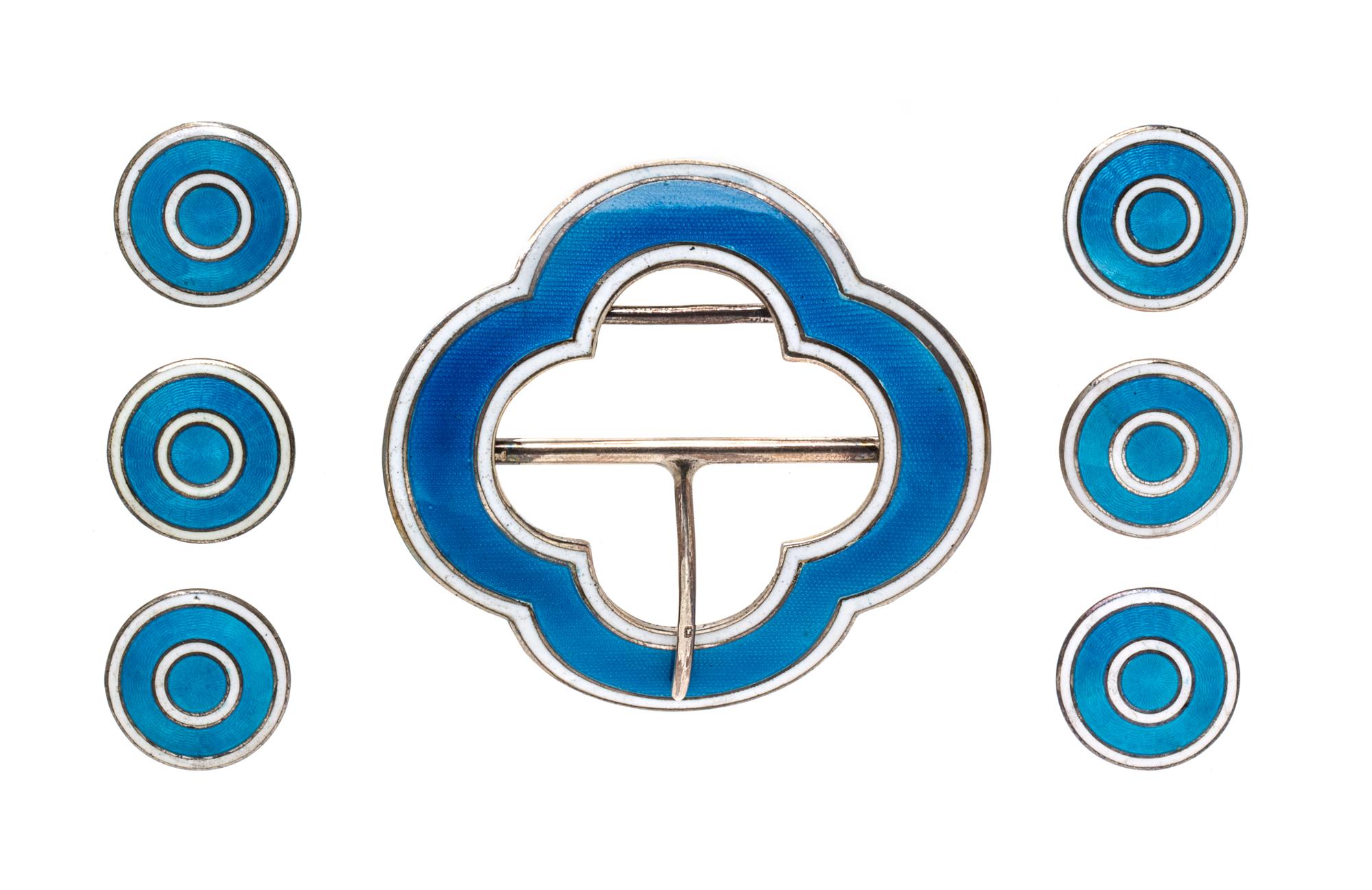 A Sterling Silver and Polychrome Enamel Buckle Motif Brooch and Button Set, Levi & Salaman, Circa 1904, 28.70 dwts.