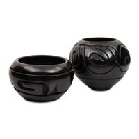Carved Blackware Jars, one with Avanyu