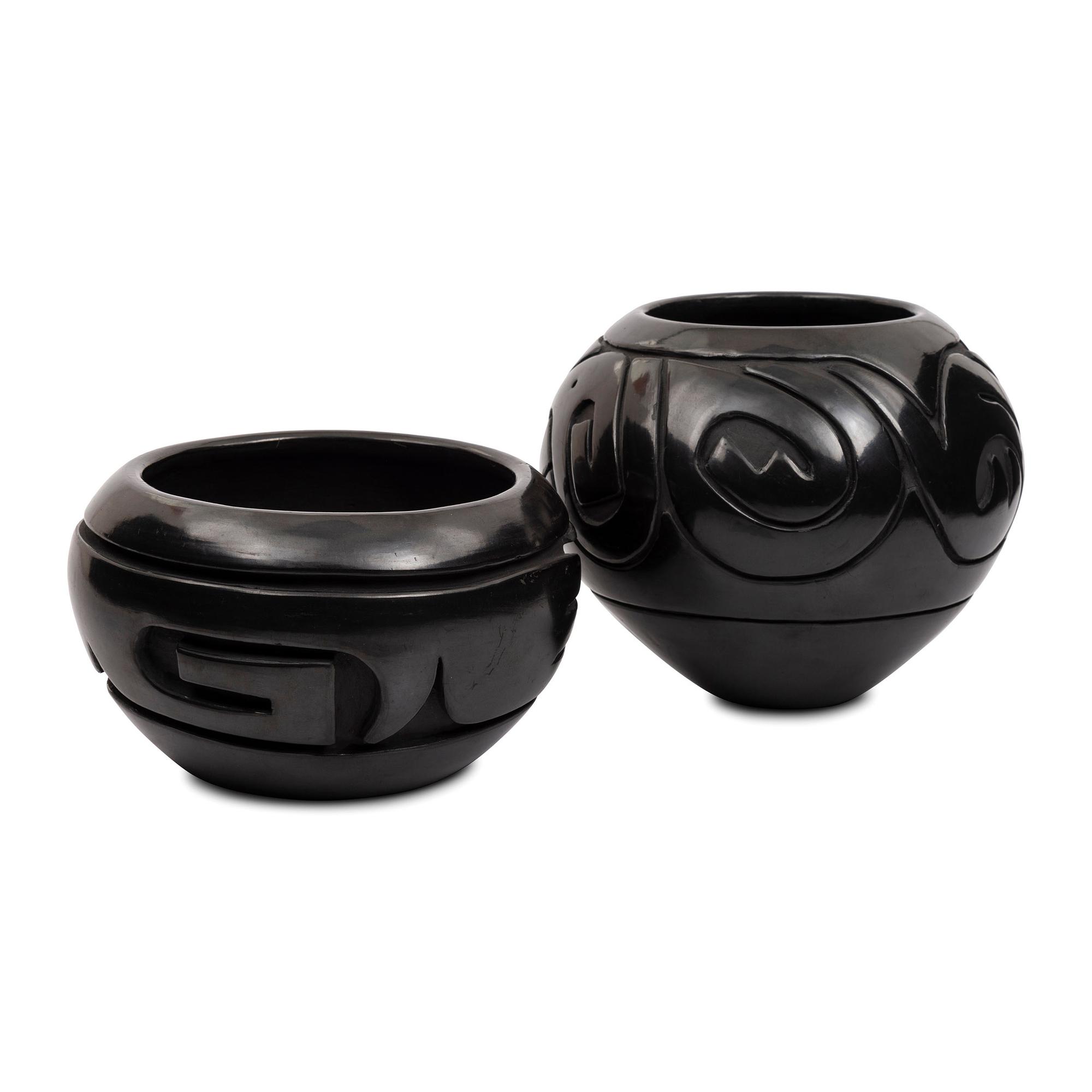 Carved Blackware Jars, one with Avanyu