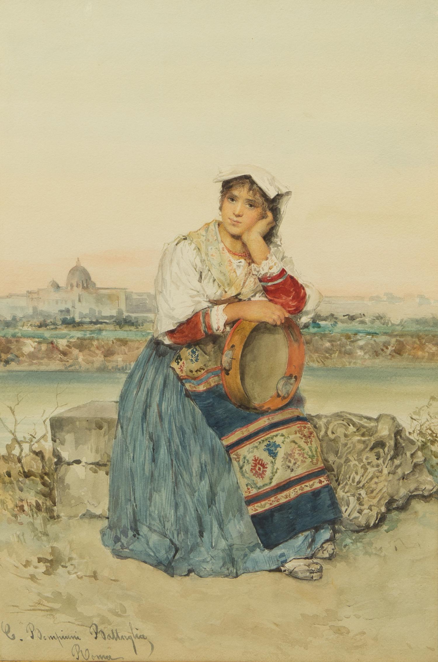 Clelia Bompiani-Battaglia, (Italian, 1847-1927), Peasant Girl with Tambourine
