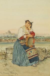 Clelia Bompiani-Battaglia, (Italian, 1847-1927), Peasant Girl with Tambourine