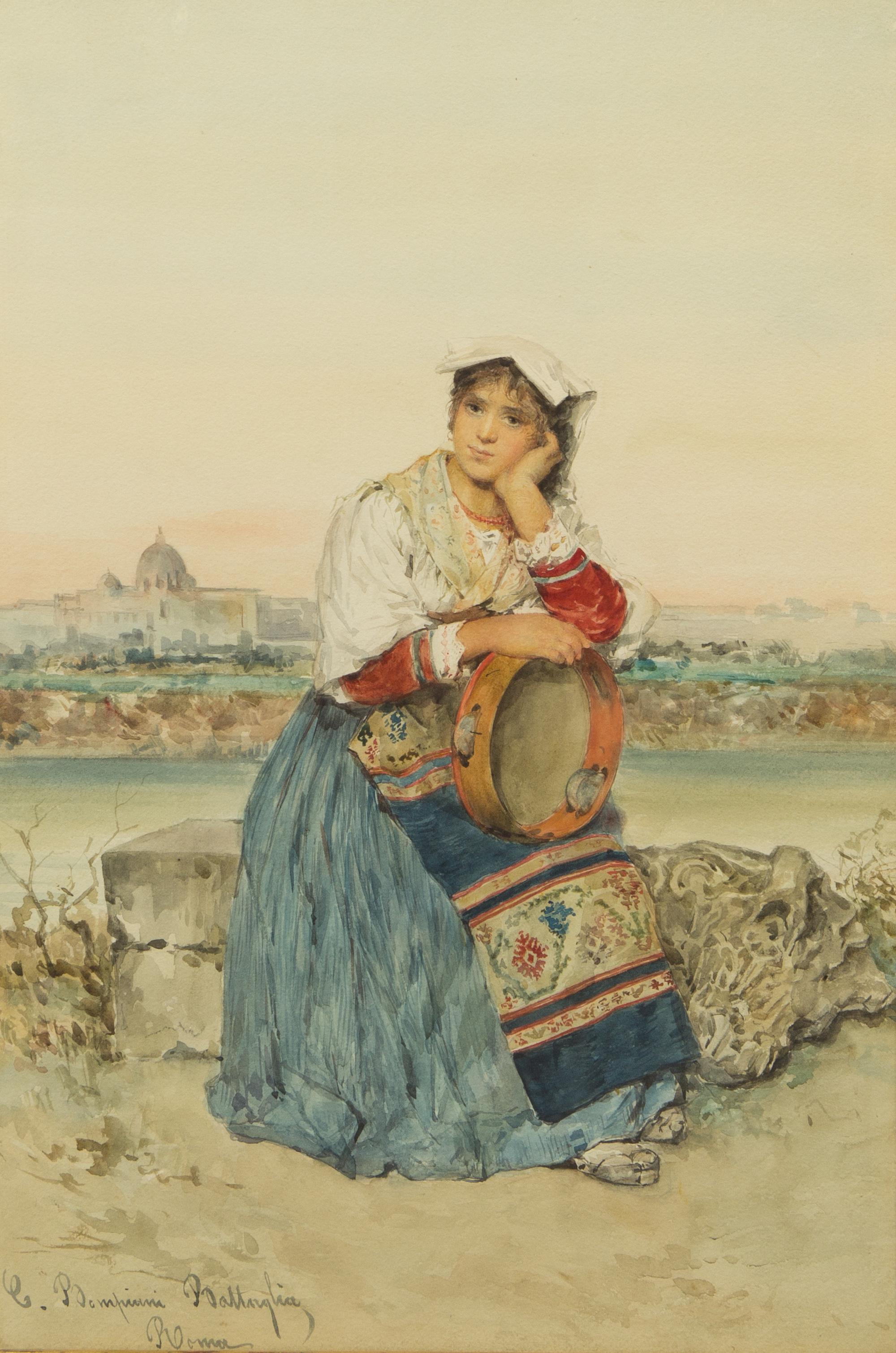 Clelia Bompiani-Battaglia, (Italian, 1847-1927), Peasant Girl with Tambourine