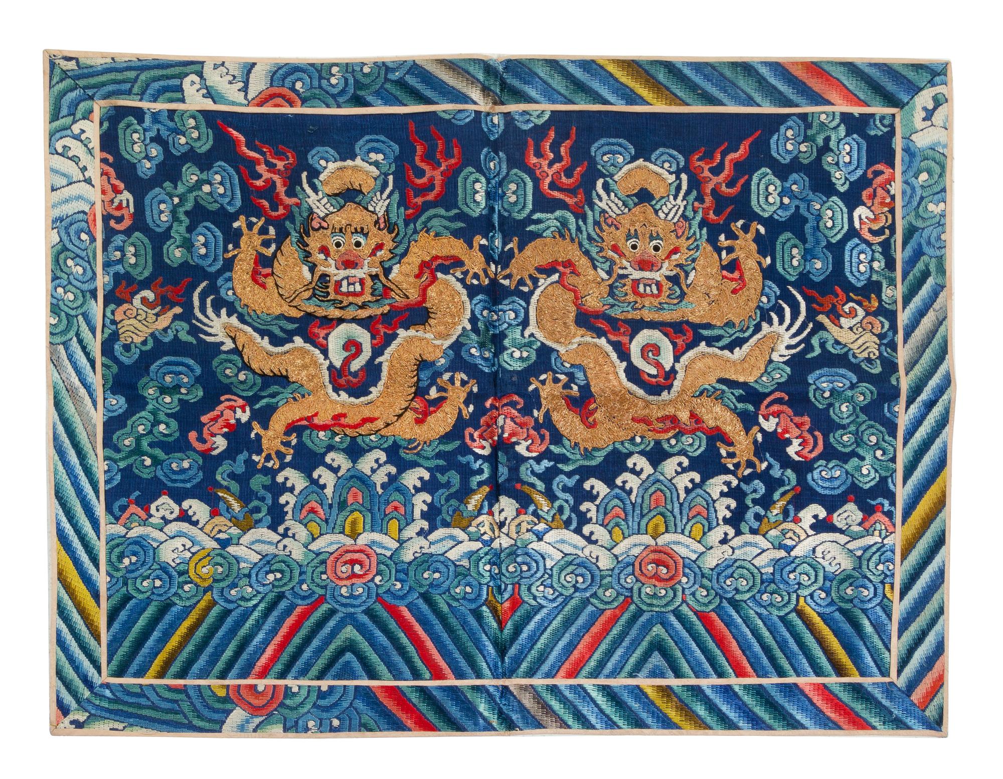 Three Embroidered Silk 'Dragon' Panels