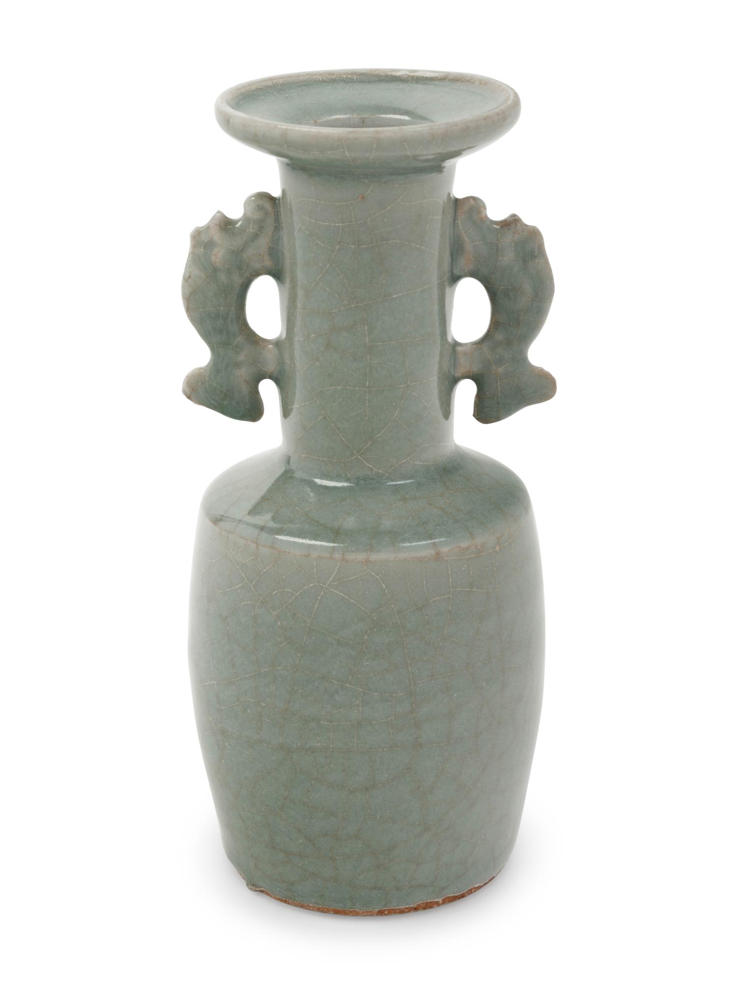 A Chinese Celadon Glazed Porcelain Double Handled Vase