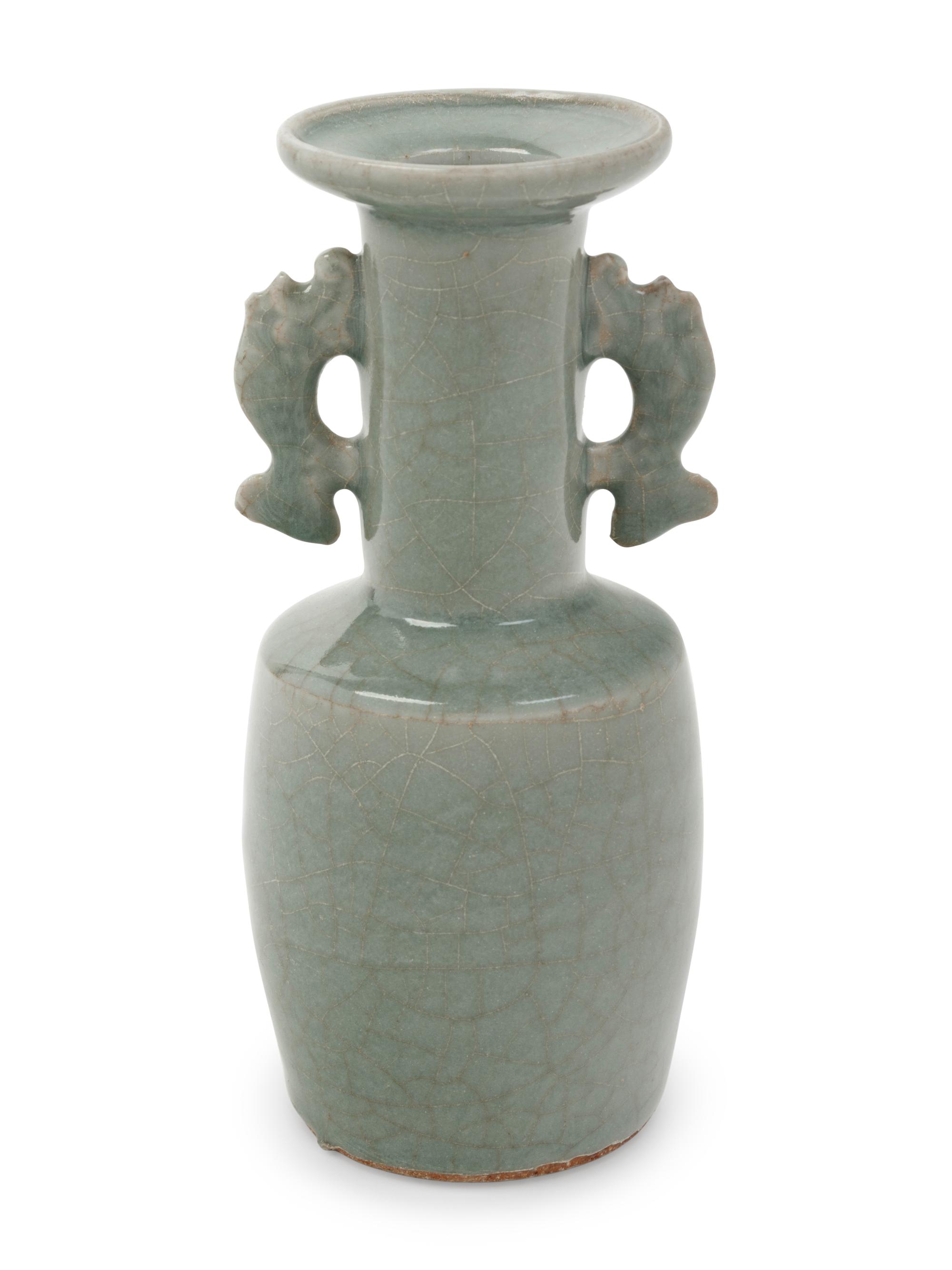 A Chinese Celadon Glazed Porcelain Double Handled Vase