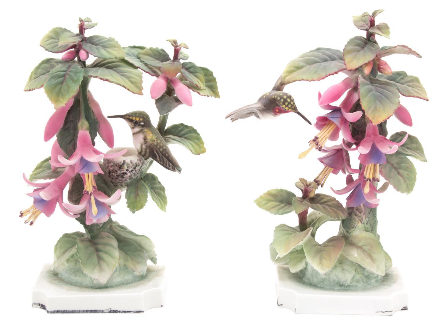 A Pair of Royal Worcester Porcelain Ruby Throated Hummingbirds Height 9 1/2 inches. — 20TH CENTURY