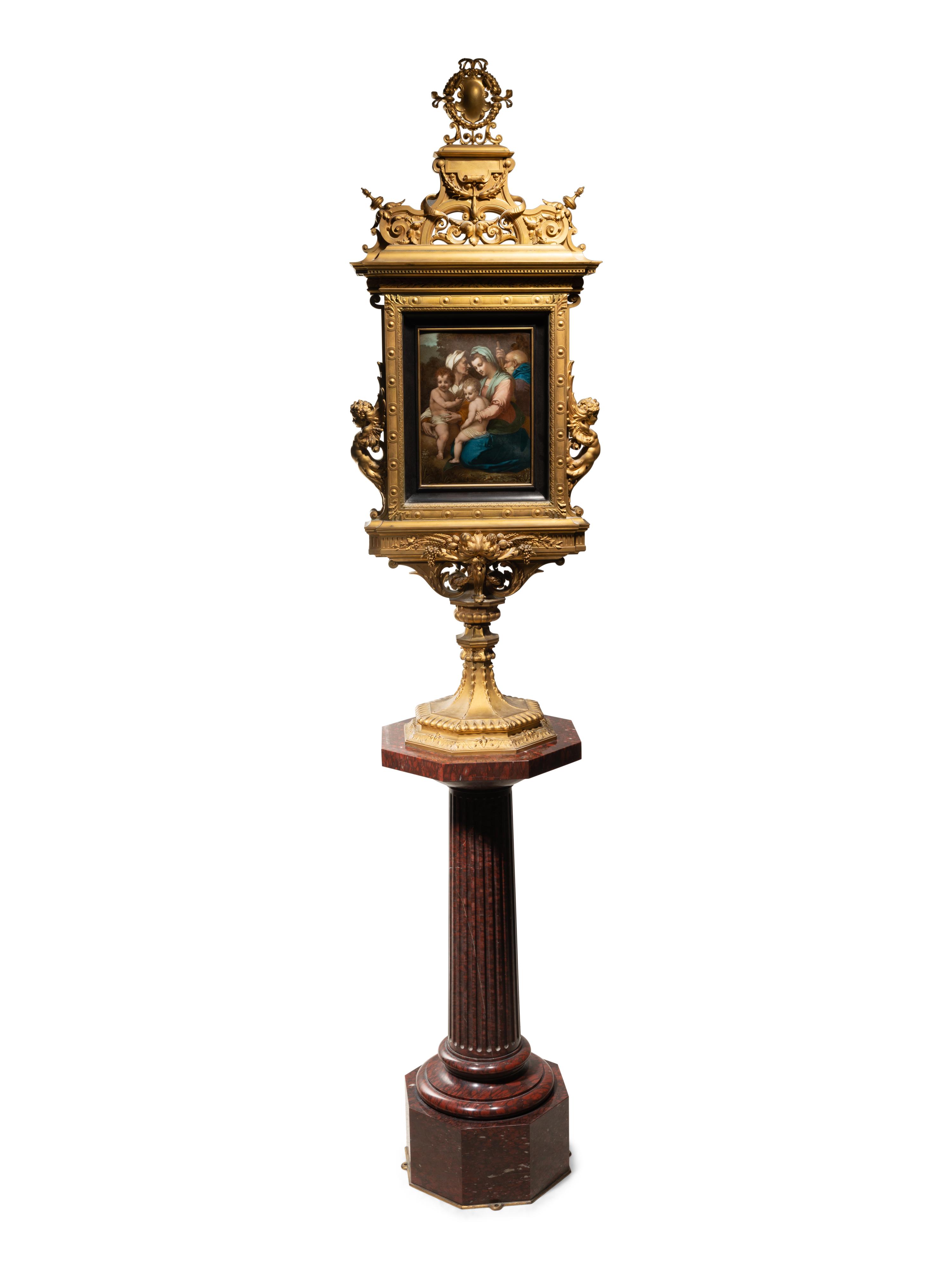 A French Gilt Bronze Double-Sided Tabernacle Encasing Two Enameled Plaques on Marble Pedestal