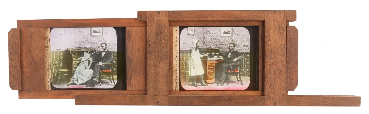 [LINCOLNIANA - MAGIC LANTERN SLIDES]. A collection of 65 assorted glass slides depicting important subjects and scenes depicting the life, death, and legacy of Abraham Lincoln, including: