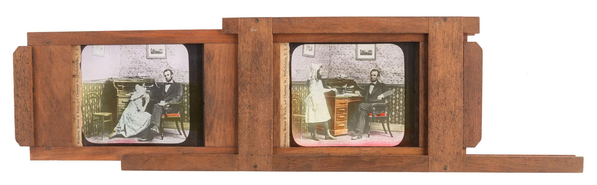 [LINCOLNIANA - MAGIC LANTERN SLIDES]. A collection of 65 assorted glass slides depicting important subjects and scenes depicting the life, death, and legacy of Abraham Lincoln, including: