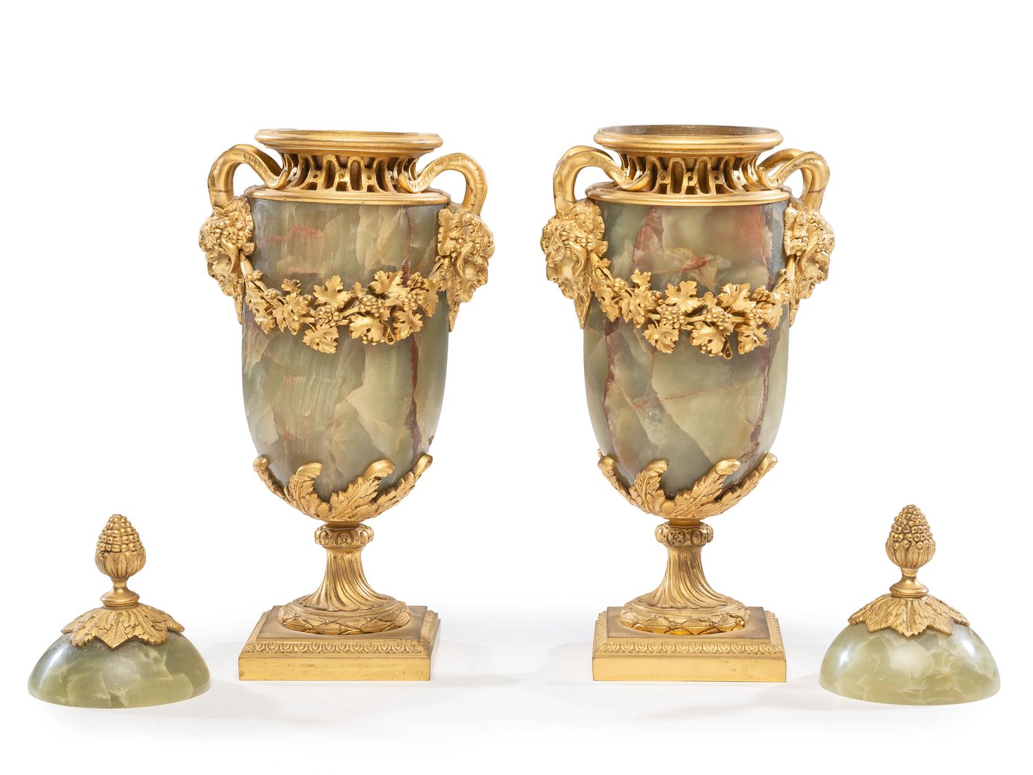 A Pair of French Gilt Bronze and Onyx Urn Ornaments