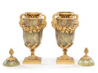 A Pair of French Gilt Bronze and Onyx Urn Ornaments