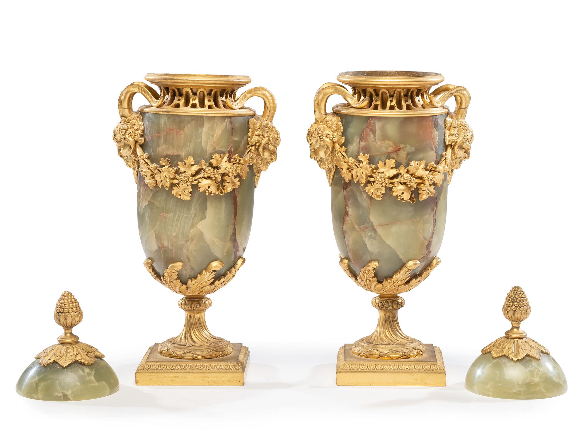 A Pair of French Gilt Bronze and Onyx Urn Ornaments