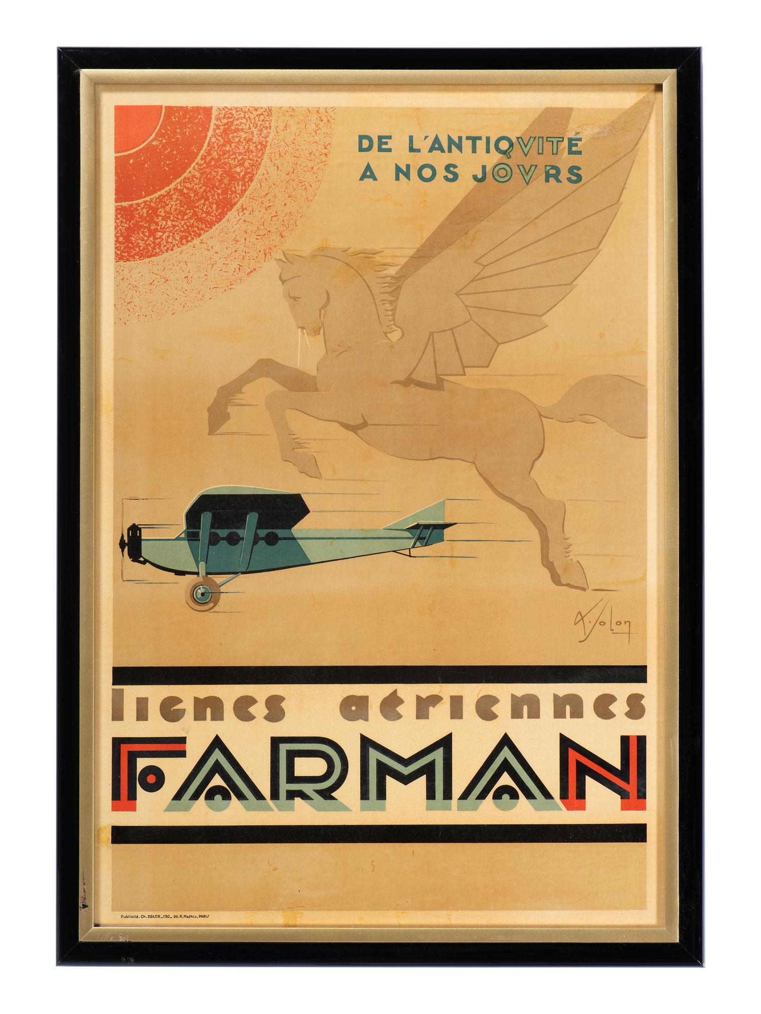 [TRANSPORTATION - AVIATION]. SOLON, Albert, artist. Lignes Aeriennes Farman / De L’Antiquite a Nos Jours . Paris: Publicite Ch. Egler, ca 1920s.