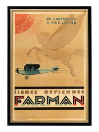 [TRANSPORTATION - AVIATION]. SOLON, Albert, artist. Lignes Aeriennes Farman / De L’Antiquite a Nos Jours . Paris: Publicite Ch. Egler, ca 1920s.