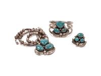 Navajo Silver and Nevada Blue Turquoise Necklace, Cuff Bracelet, and Ring Set