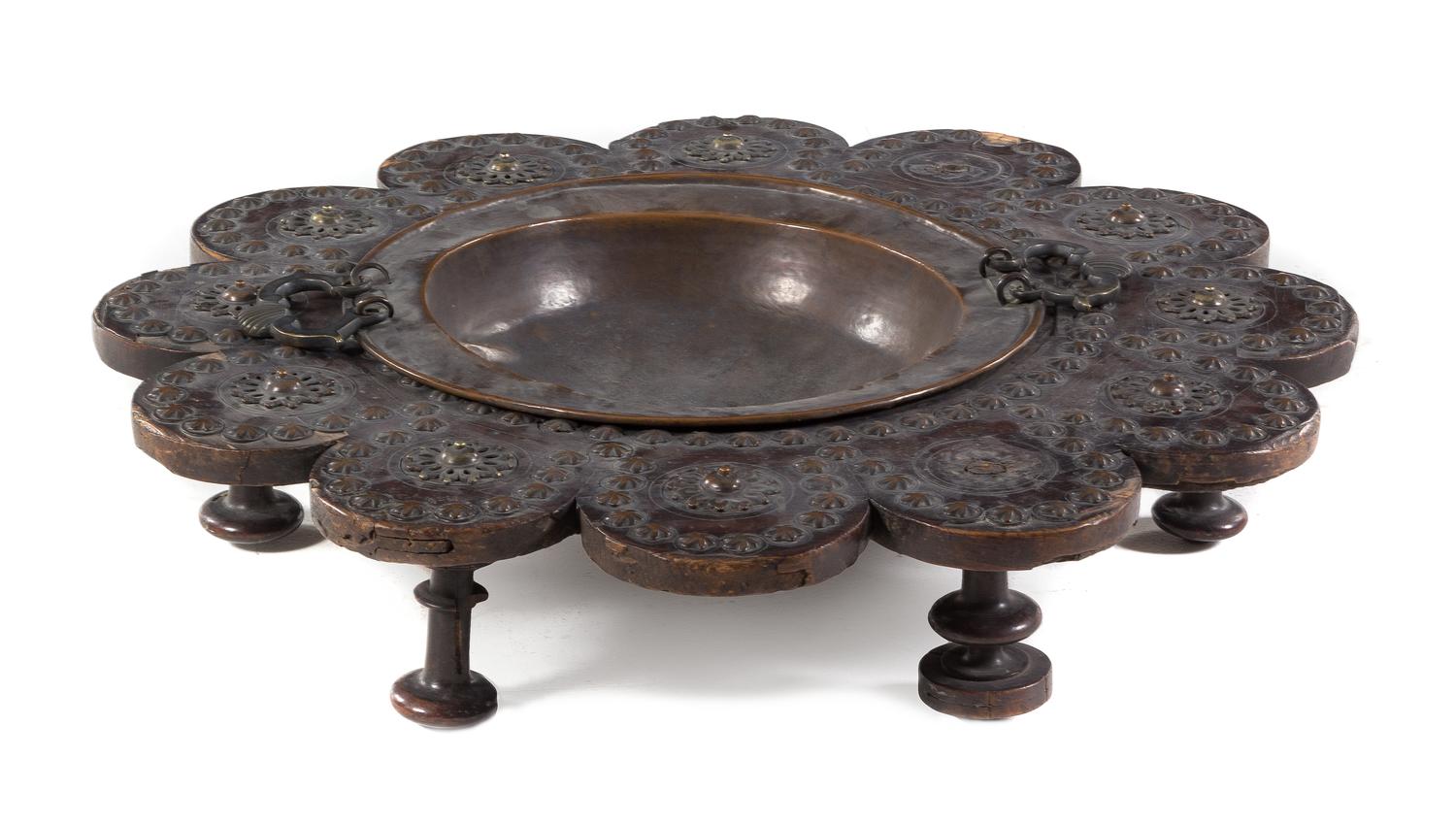 A Spanish Baroque Walnut Brazier Height 7 x diameter 35 1/4 inches. — 17TH CENTURY WITH LATER ELEMENTS