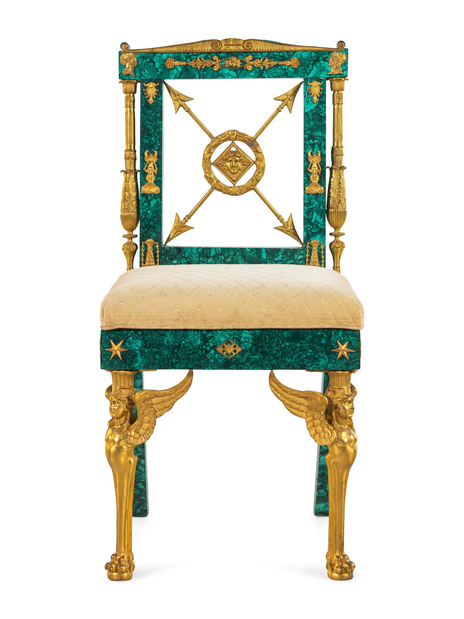 An Empire Style Gilt Bronze Mounted Malachite Side Chair
