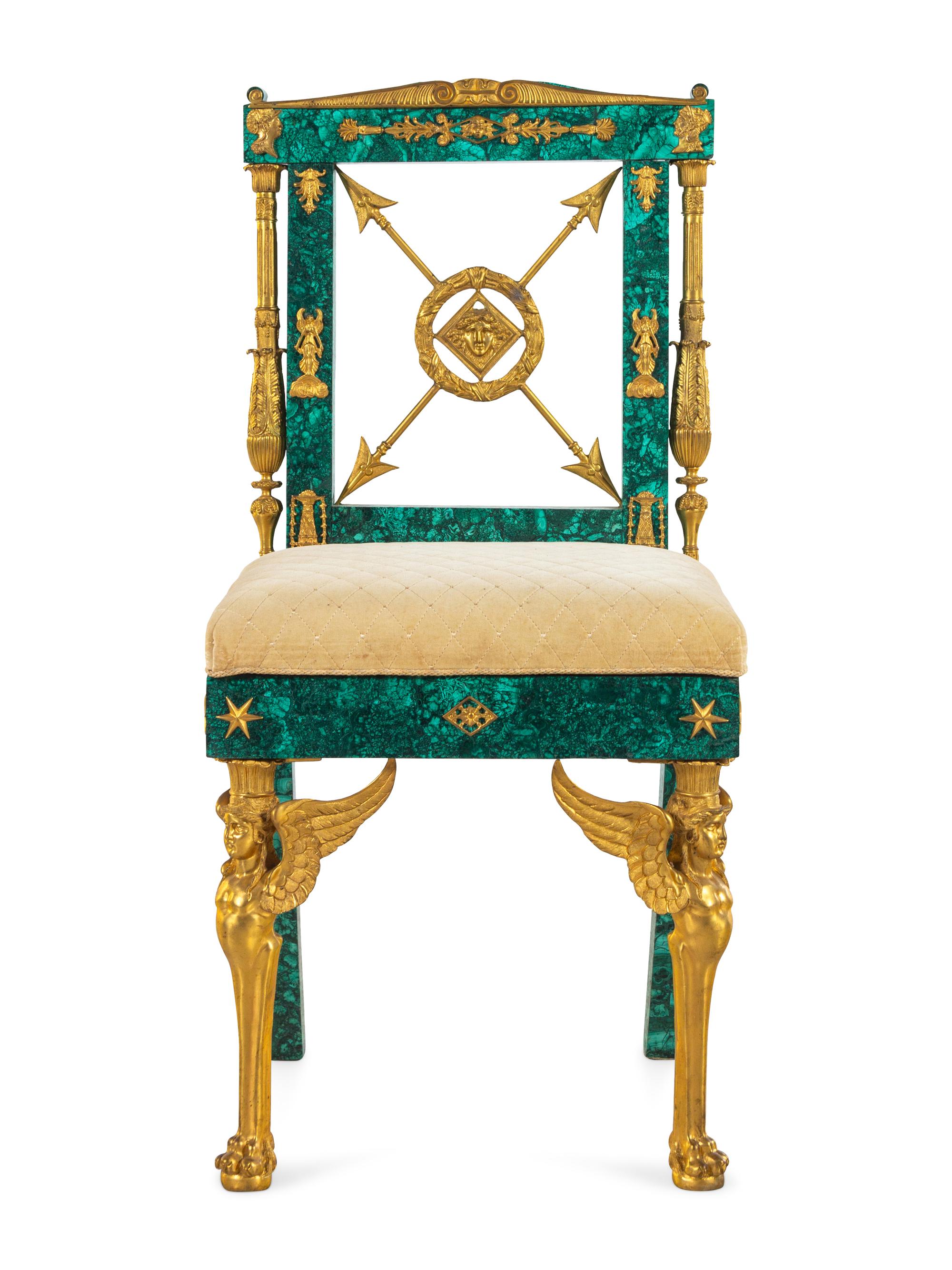 An Empire Style Gilt Bronze Mounted Malachite Side Chair