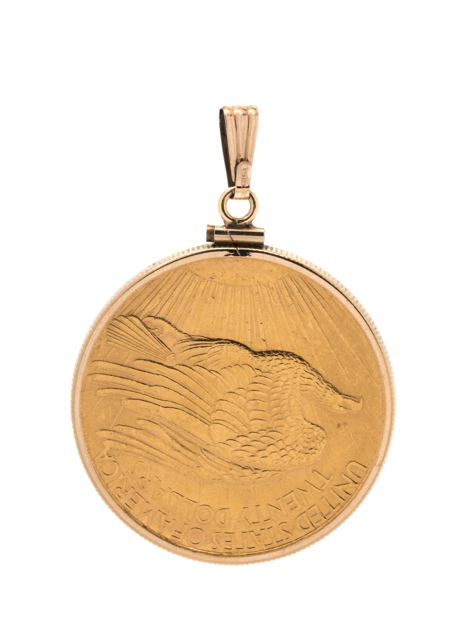 A 12 Karat Gold Fill and US $20 Liberty Coin Pendant,