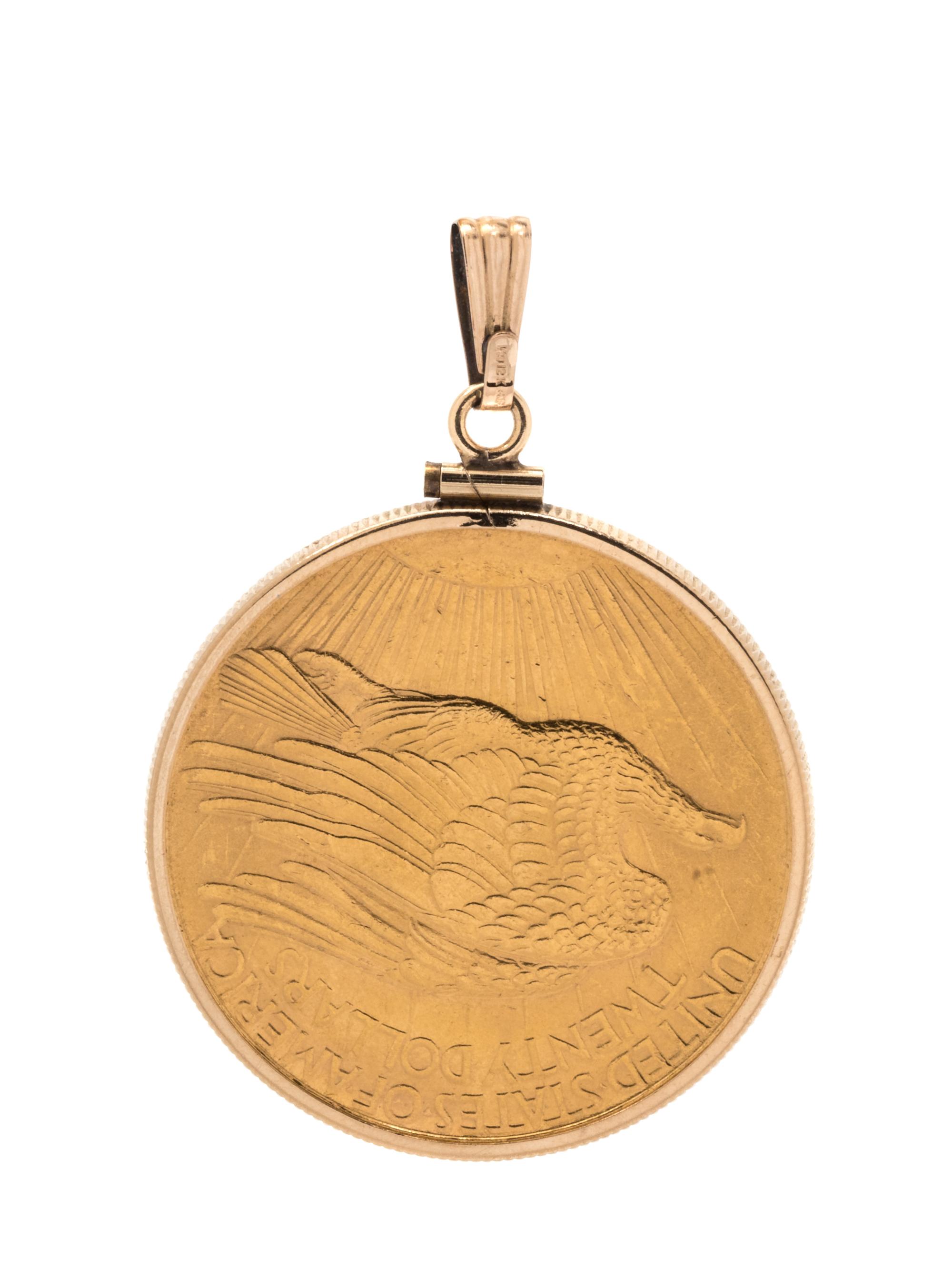 A 12 Karat Gold Fill and US $20 Liberty Coin Pendant,