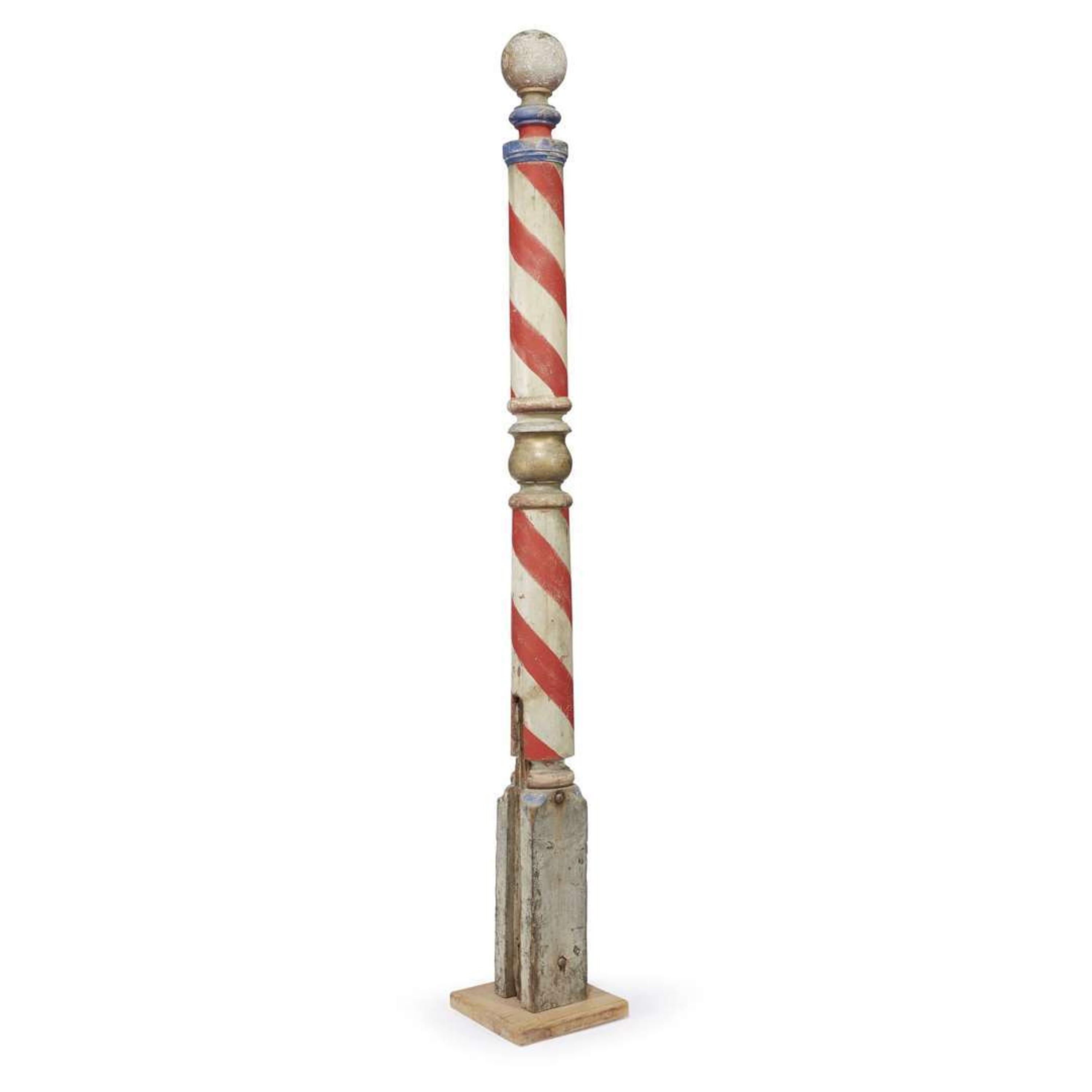 Tall turned and painted barber pole late 19th century