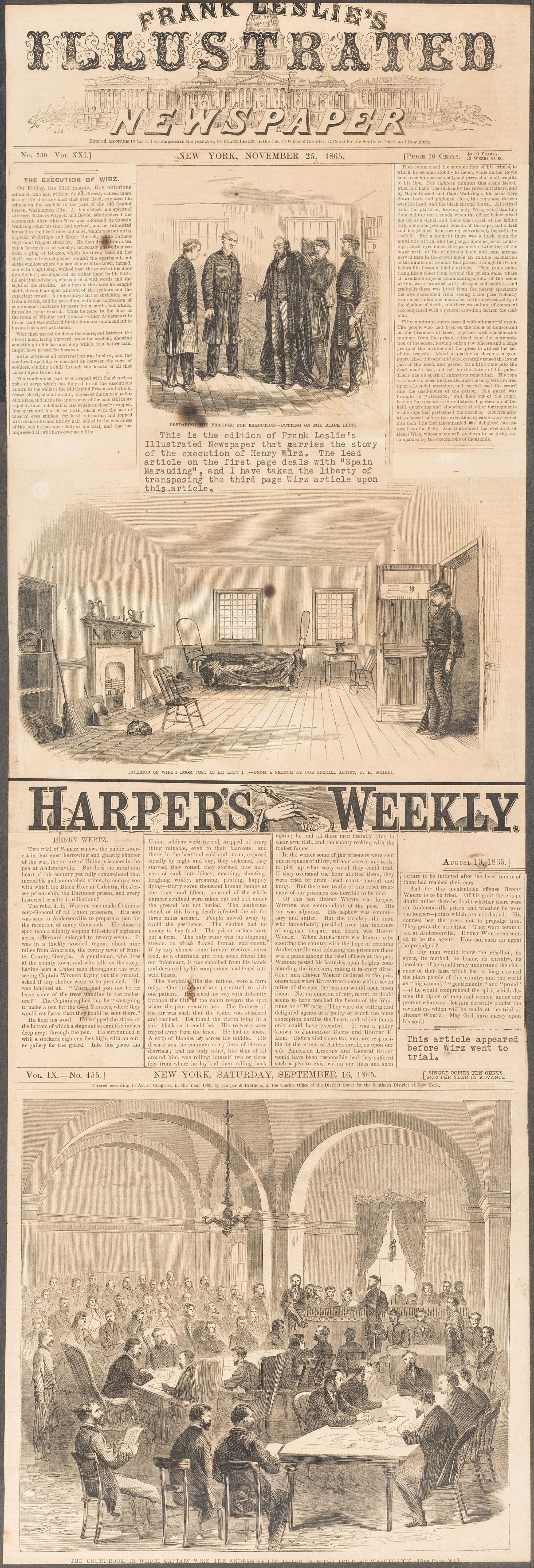 [CIVIL WAR]. 8 framed prints related to Libby Prison, Andersonville, and the trial of Henry Wirz.