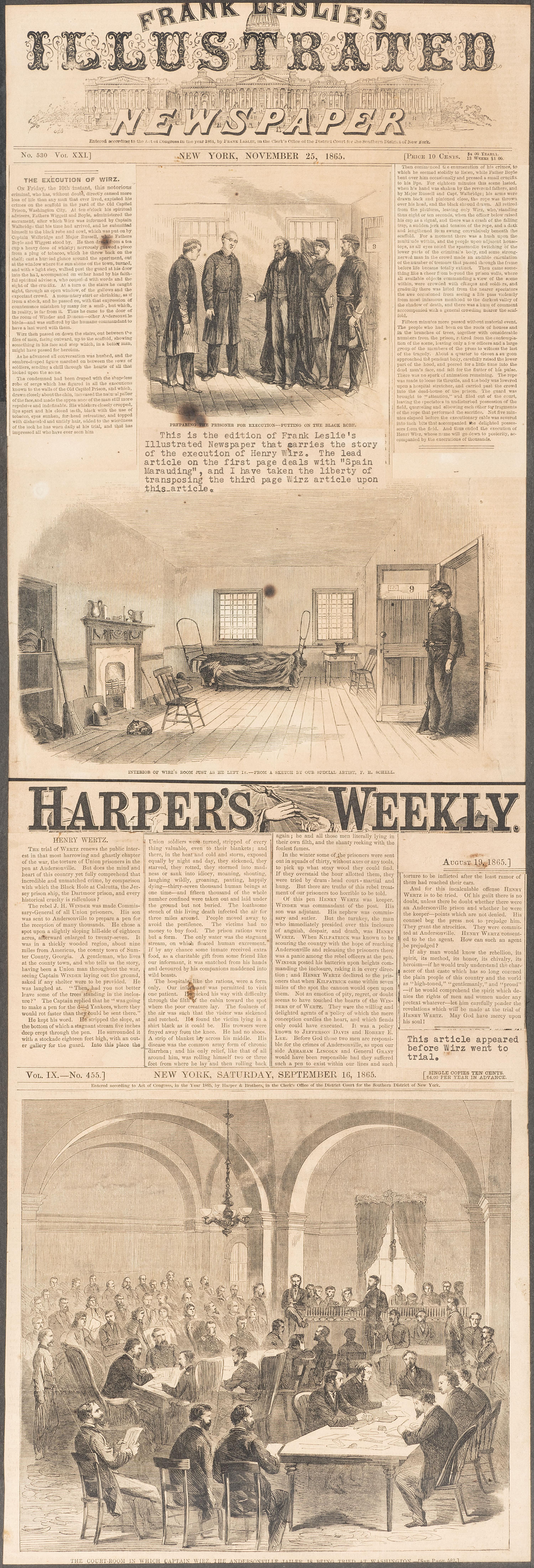 [CIVIL WAR]. 8 framed prints related to Libby Prison, Andersonville, and the trial of Henry Wirz.