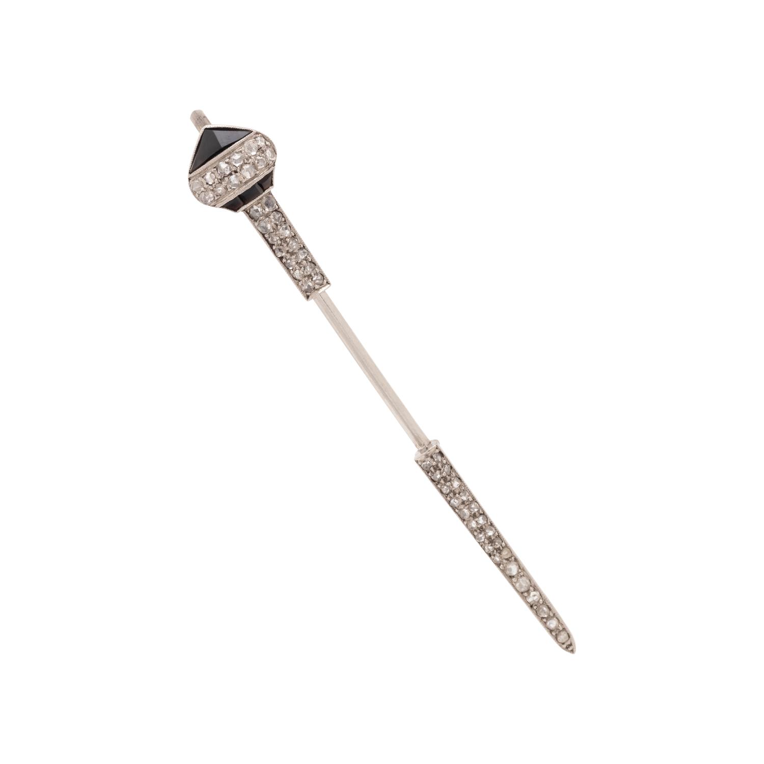 JANESICH, FRENCH, ART DECO, DIAMOND AND ONYX JABOT PIN
