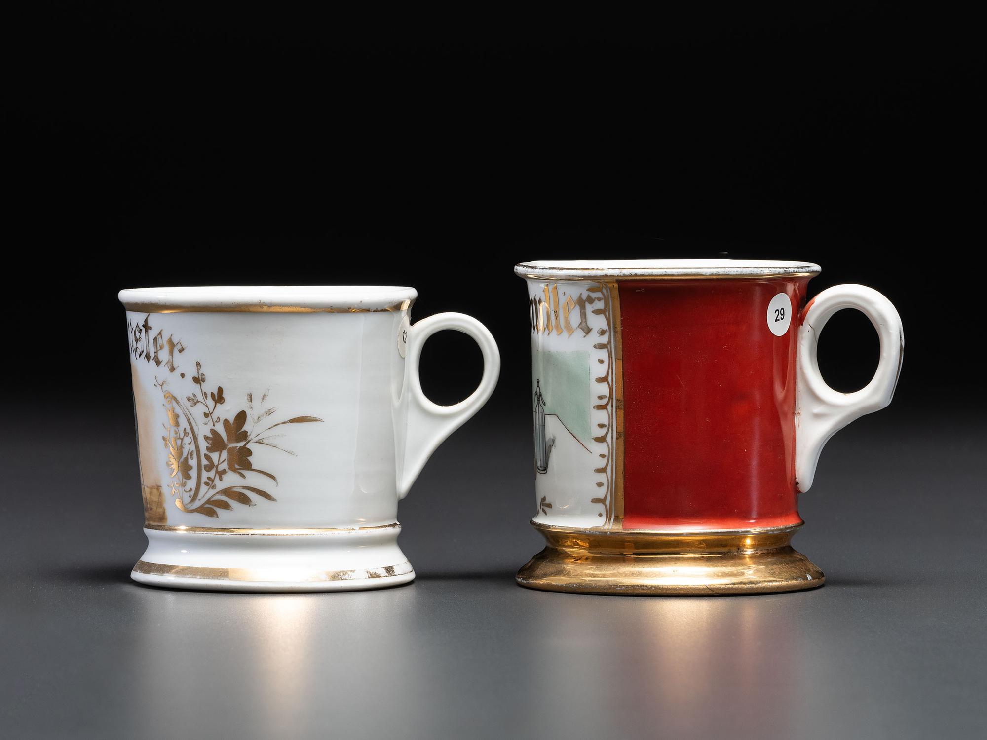 Two Porcelain Occupational Shaving Mugs of Libational Interest