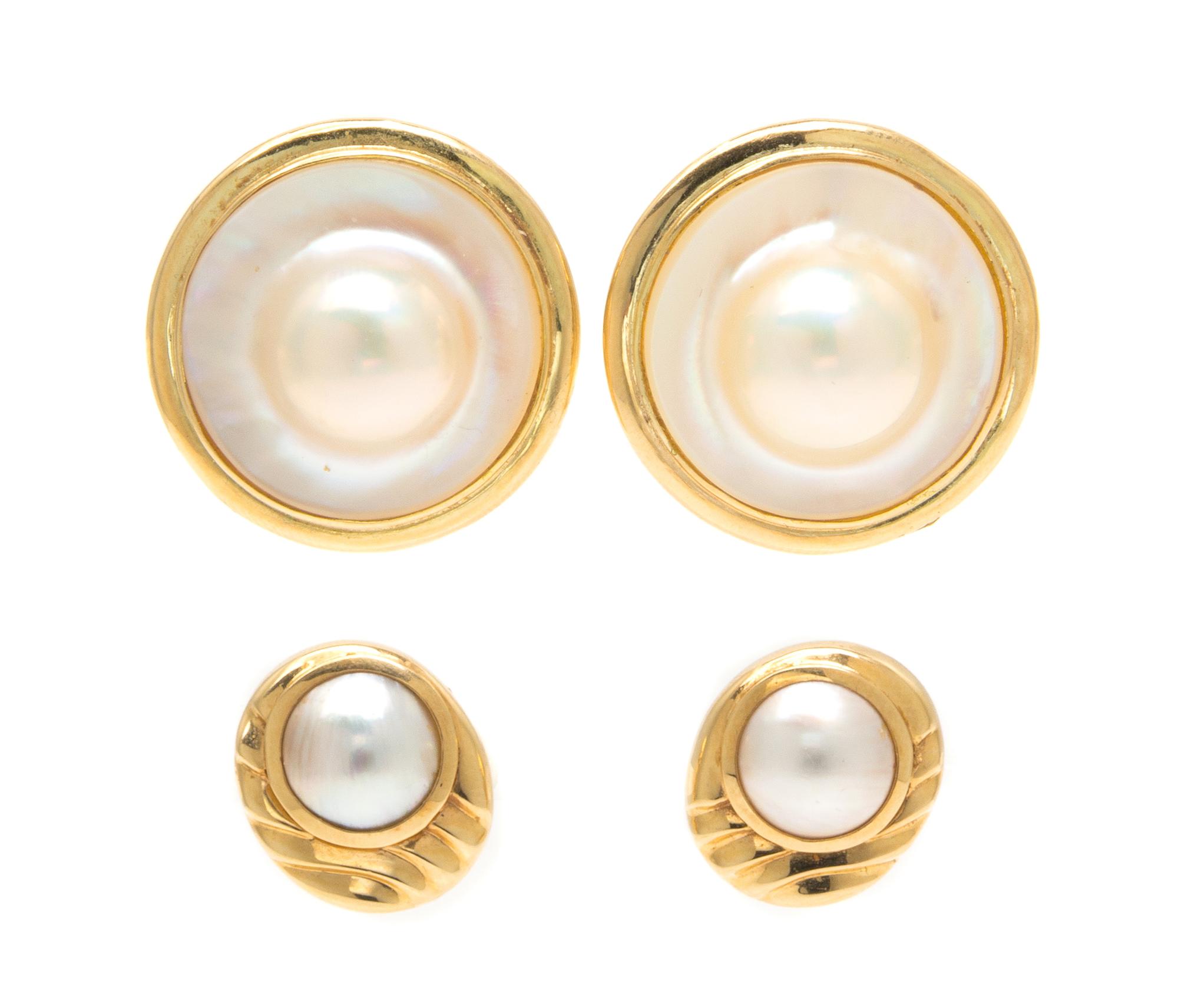A Collection of Yellow Gold and Pearl Earrings, 17.20 dwts.