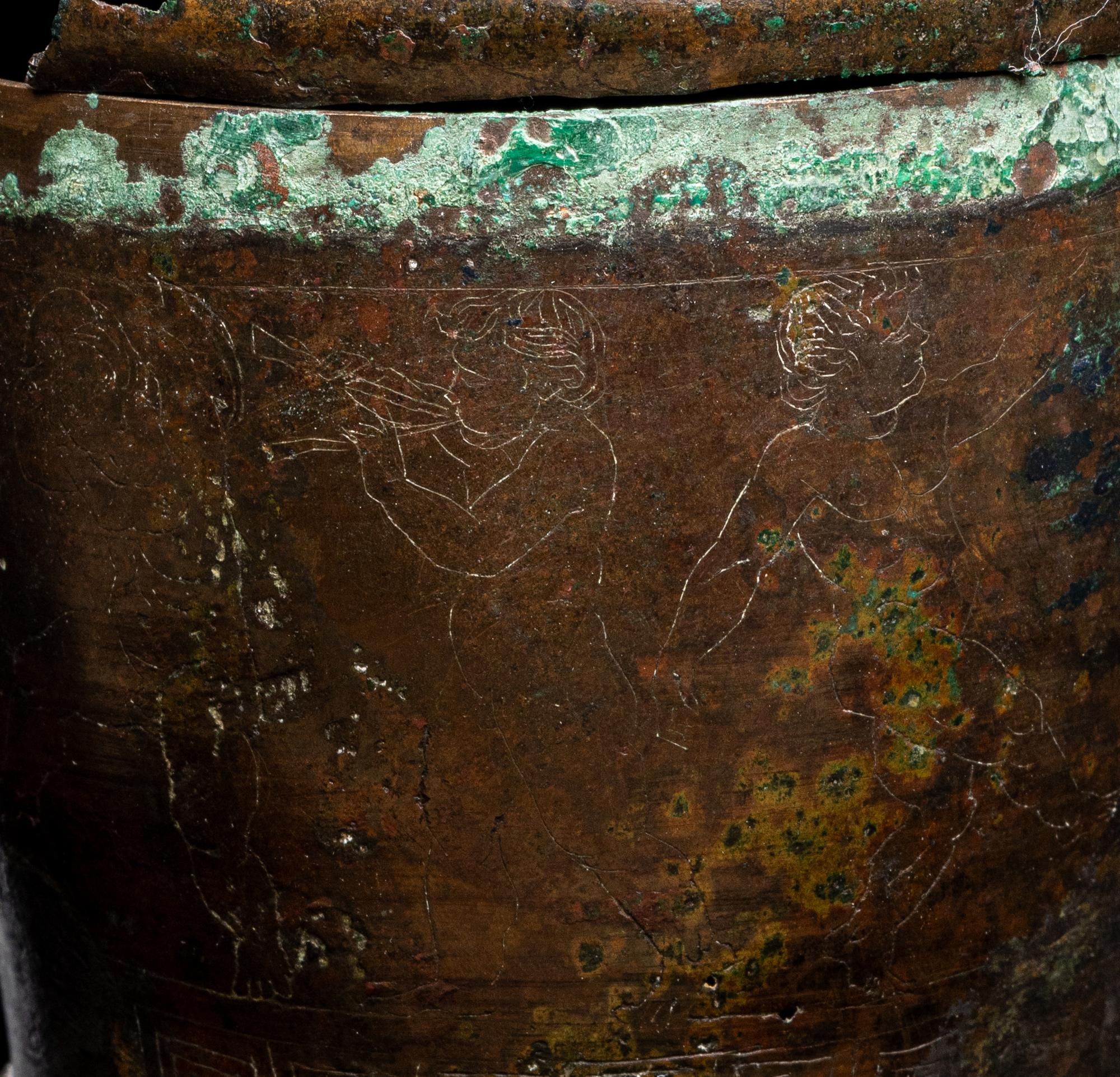 An Etruscan Bronze Lidded Pyxis with a Dionysiac Scene