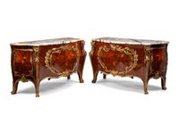 A Pair of Louis XV Style Gilt Bronze Mounted Kingwood and Floral Marquetry Marble-Top Commodes