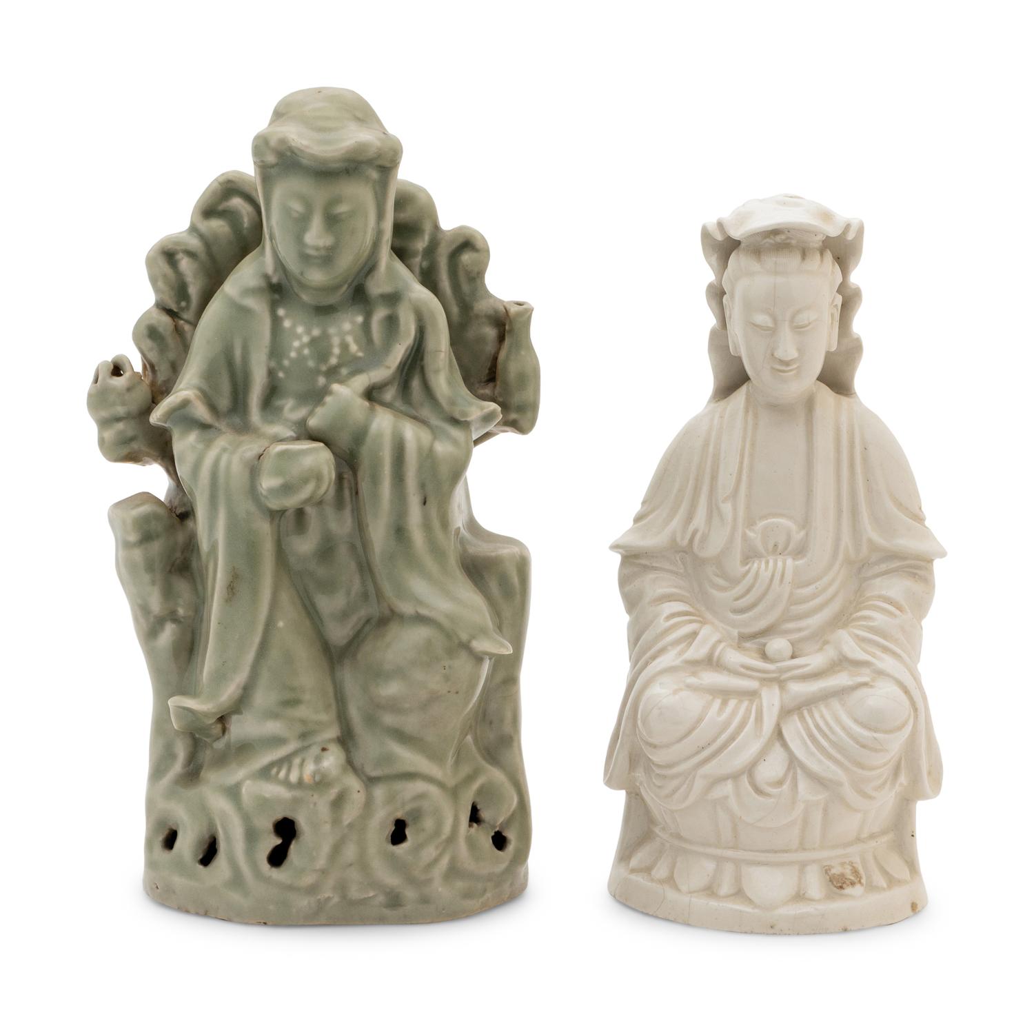 Two Chinese Monochrome Glazed Porcelain Guanyin Figures