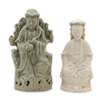Two Chinese Monochrome Glazed Porcelain Guanyin Figures