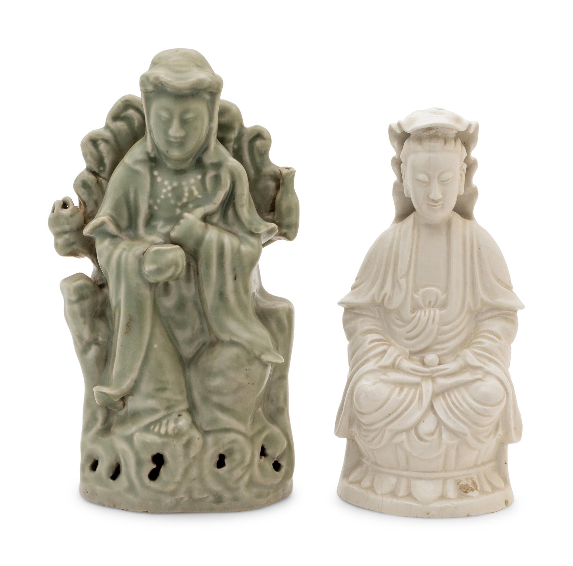 Two Chinese Monochrome Glazed Porcelain Guanyin Figures