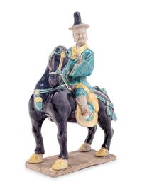 A Chinese Purple, Yellow and Blue Glazed Porcelain Equestrian Figure