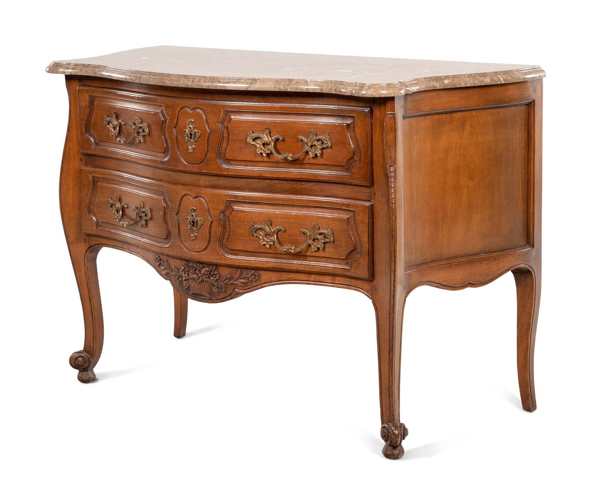 A Louis XV Style Walnut Marble-Top Commode