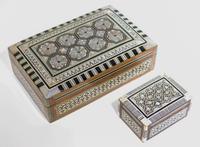 Two Mother of Pearl Inlaid Table Boxes. Width of wider 8 inches.