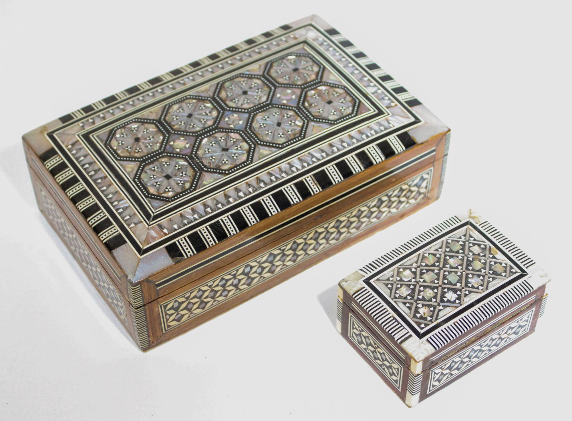 Two Mother of Pearl Inlaid Table Boxes. Width of wider 8 inches.
