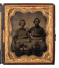 [CIVIL WAR]. Sixth plate ambrotype featuring a pair of Confederate pards wearing early battle shirts.