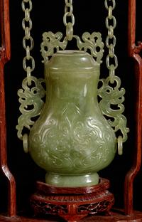 Two Chinese Serpentine Covered Hanging Vases