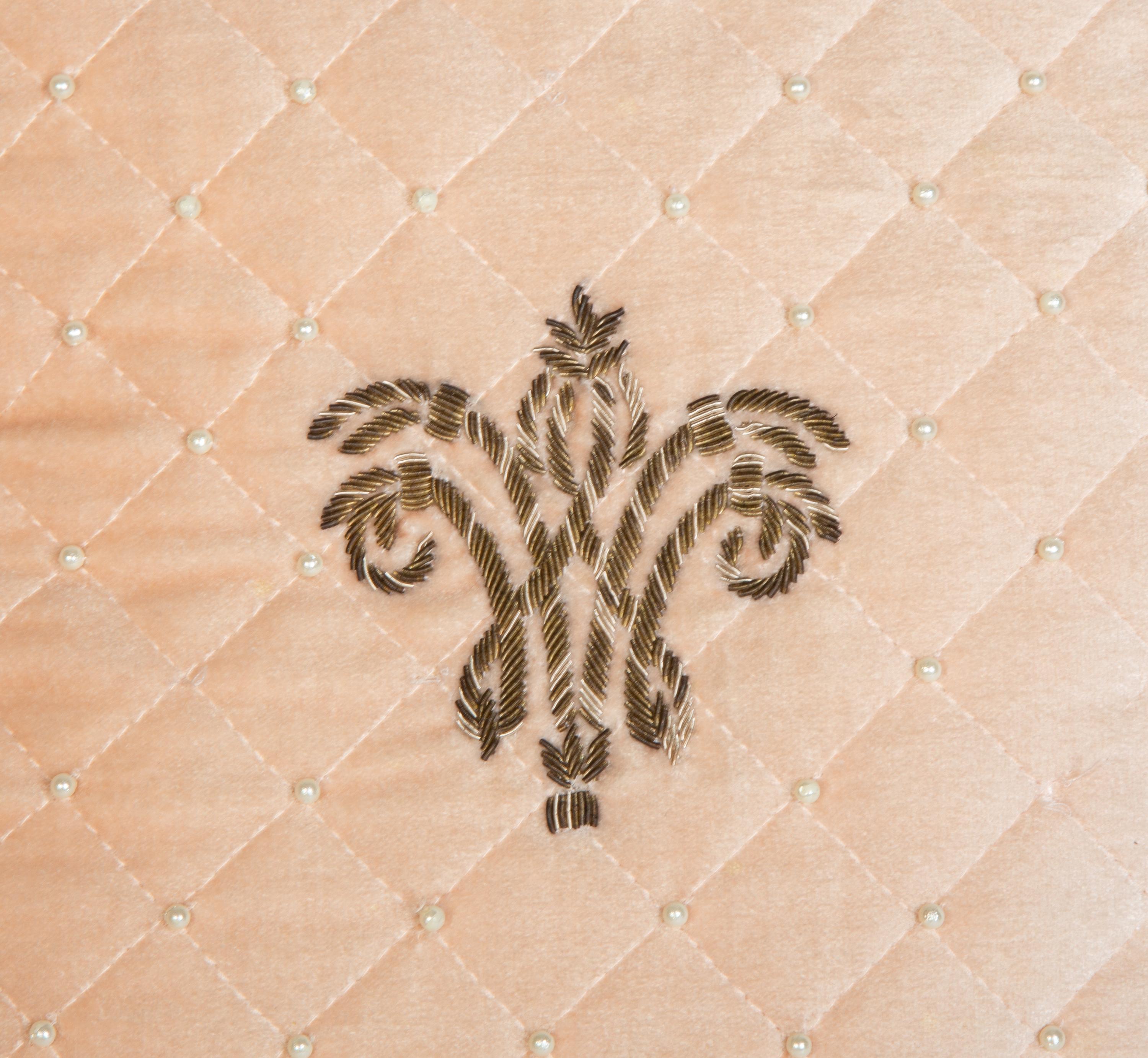 Six Light Coral Silk and Velvet Pillows — 20th Century