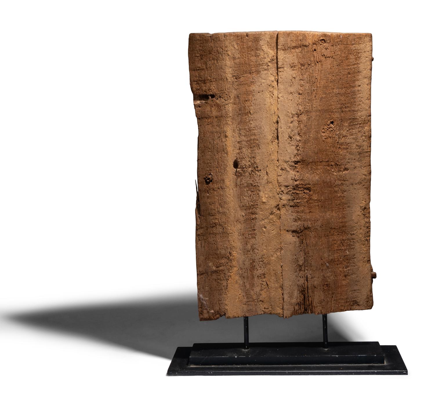 An Egyptian Painted Wood Sarcophagus Fragment with a Boat Scene
