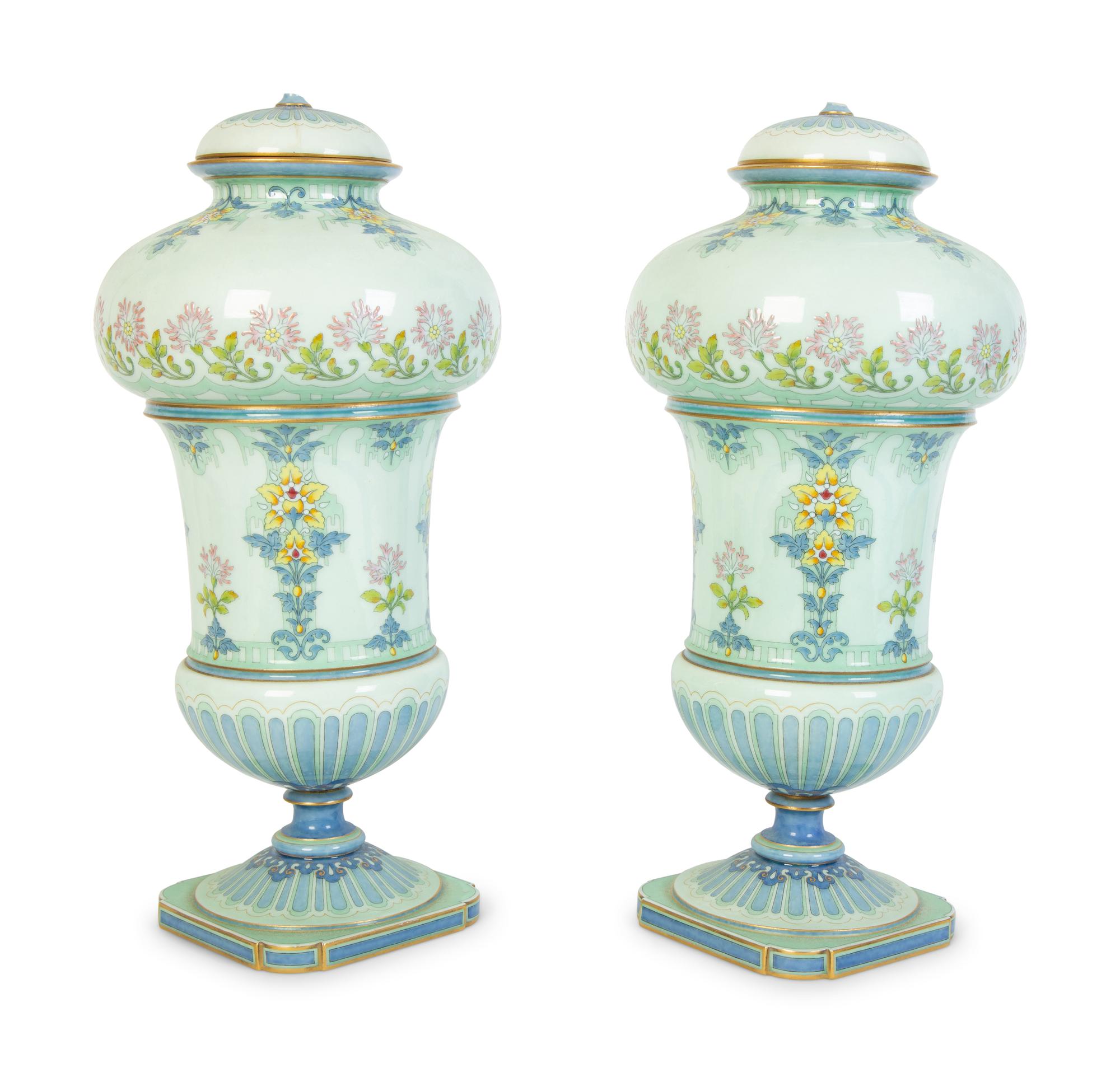 A Pair of Sevres Hard Paste Porcelain Lidded Vases in the Art Nouveau Taste — CIRCA 1893