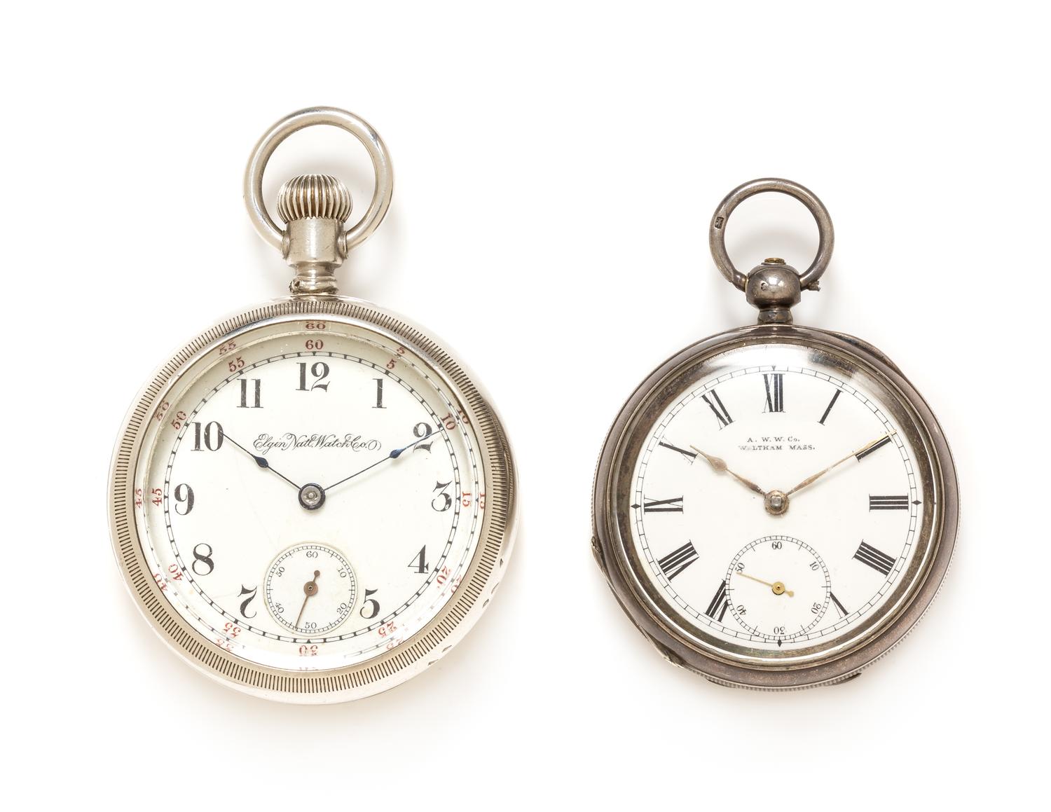 A Collection of Sterling Silver Open Face Pocket Watches, American Waltham and Elgin, 1896 and 1891, 148.00 dwts.